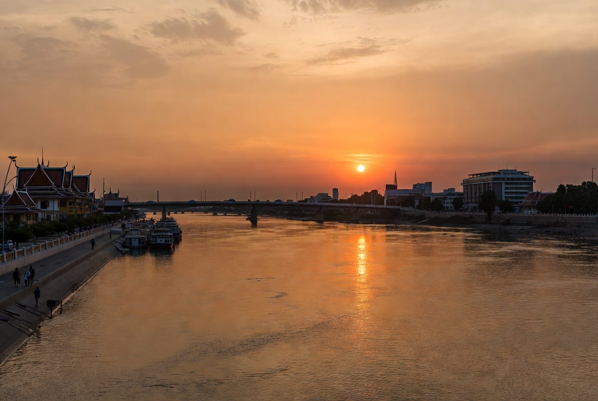 Mekong River and Friendship Bridge at Nong Khai during sunset