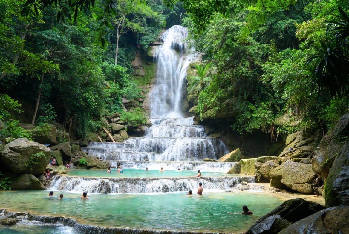 Multi-tiered Erawan Waterfall with turquoise pools and people swimming in Kanchanaburi