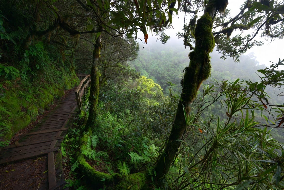 Moss-covered boardwalk of the Ang Ka Luang Nature Trail on Doi Inthanon