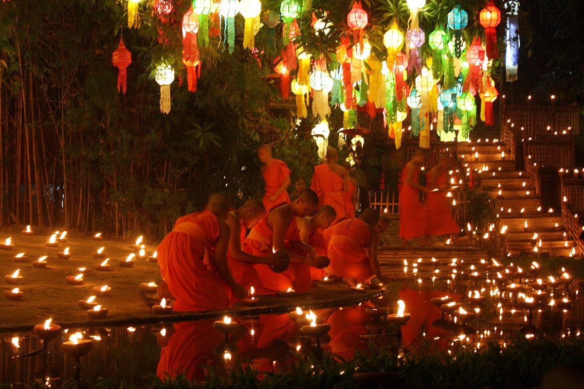 Buddhist monks taking part in Loy Krathong celebrations in Chiang Mai, Thailand