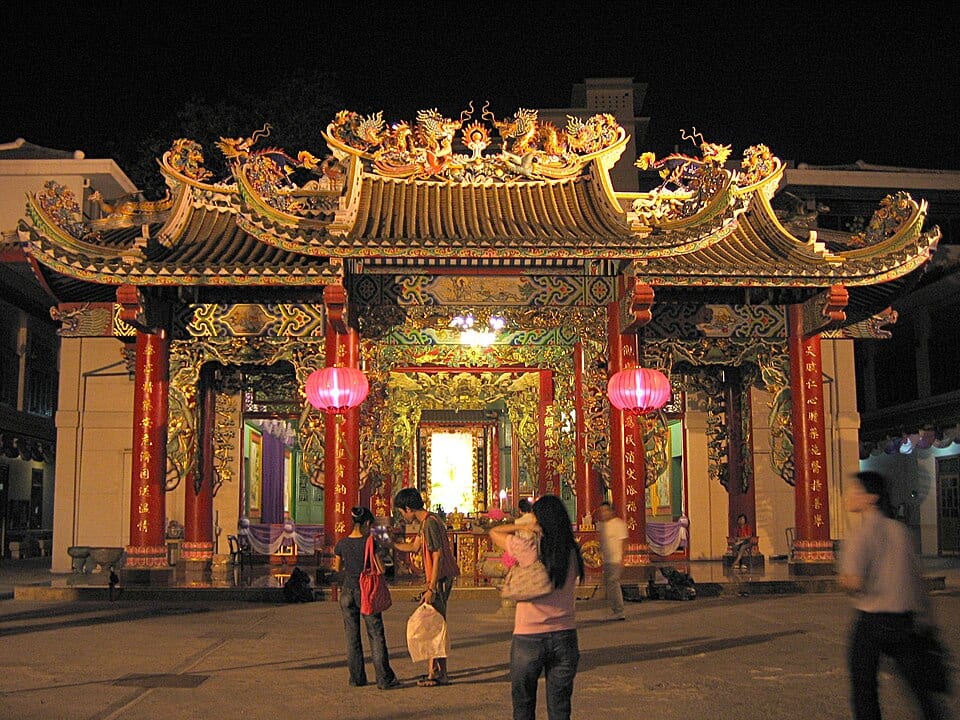 Thien Fa shrine illuminated with red lanterns for Chinese New Year in Bangkok