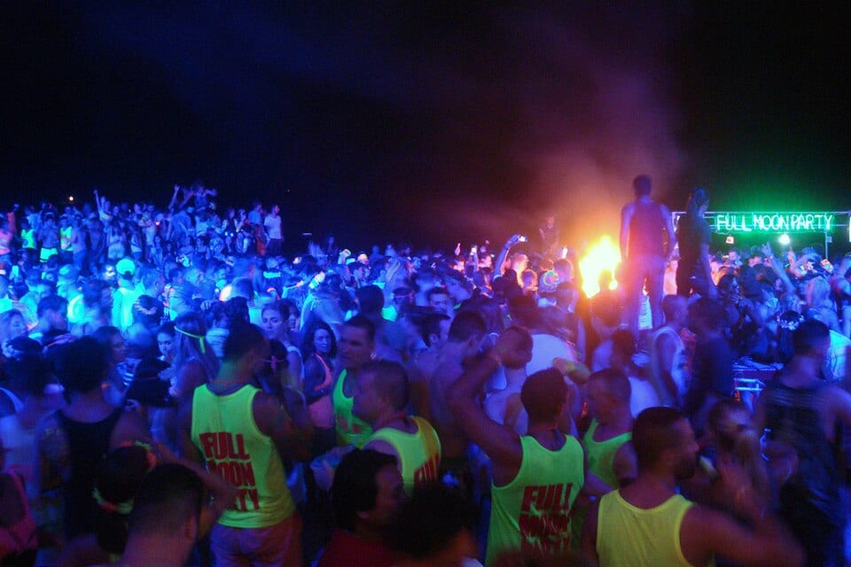 Packed night crowd at Haad Rin Sunrise Beach, March 2015