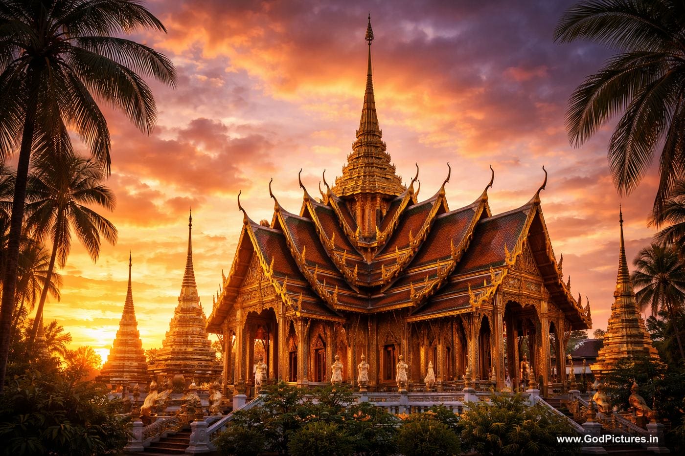 Golden spires of a Thai temple at sunset