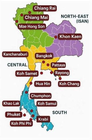 Illustrated map of Thailand's regions and major destinations
